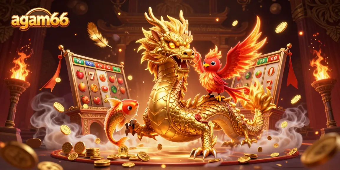 Win big with AGAM66 as the golden dragon, red phoenix, and koi fish celebrate in a rich casino scene.