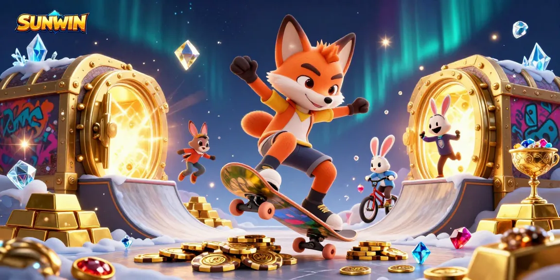 SUNWIN offers thrilling victories in a vibrant 3D casino scene featuring a skateboarding fox.