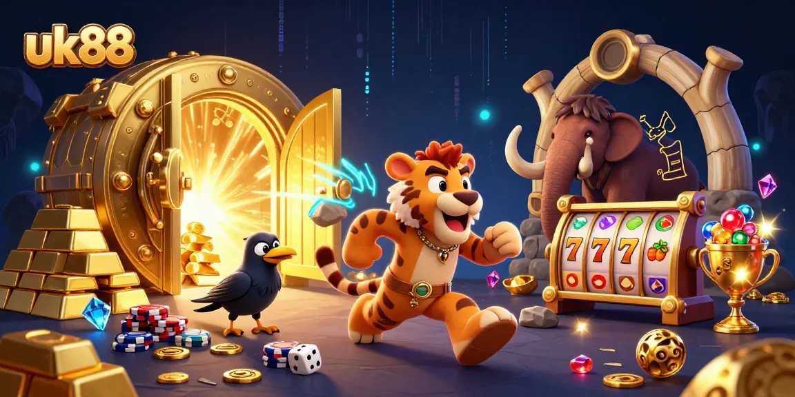 Experience the thrill of uk88 with a vibrant prehistoric casino scene featuring colorful slot reels and energetic characters.