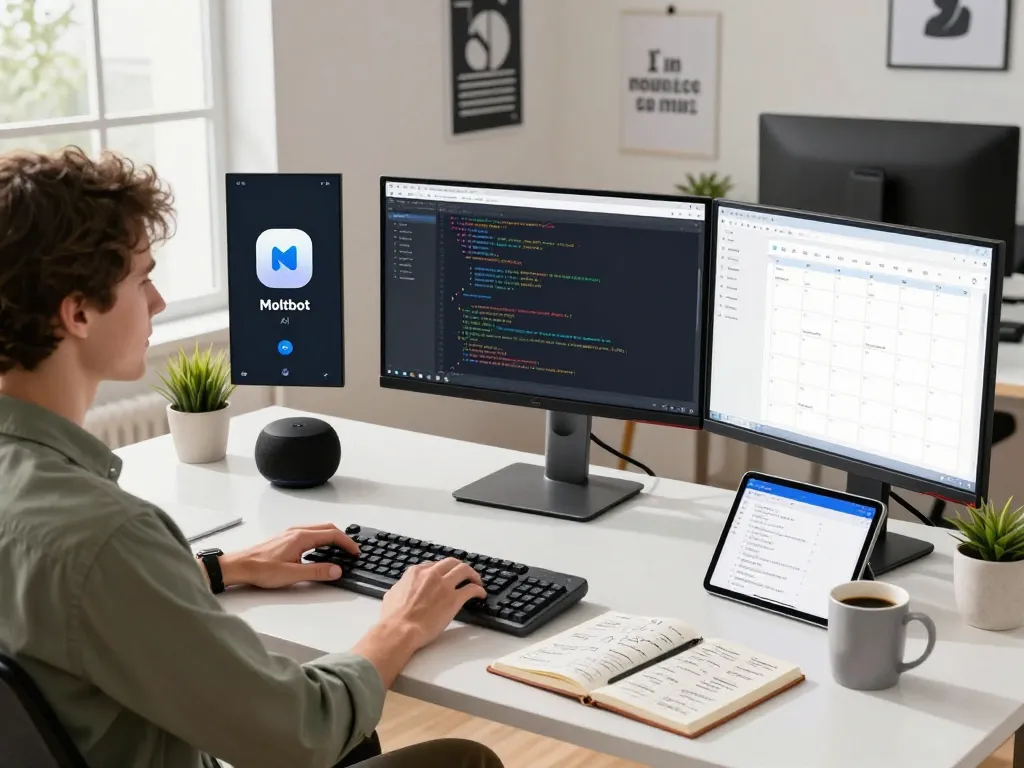 Interactive workspace showcasing Moltbot AI interface and coding tasks in a modern office setting