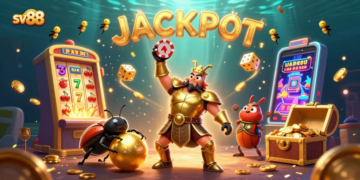 sv88 showcases a victorious hercules beetle lifting a poker chip amid dazzling casino elements, highlighting thrilling jackpot moments.