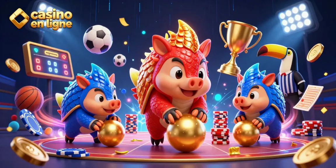 Jouer au casino en ligne avec des pangolins rivaux entourés de pièces et de boules de sport.