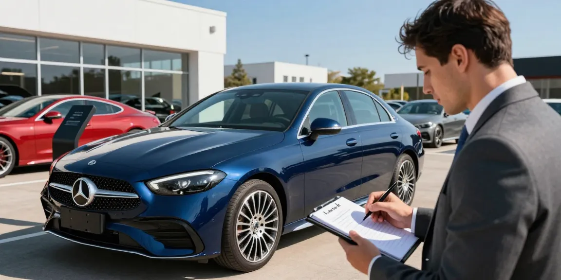 Evaluating a benz second hand luxury vehicle during a professional inspection.