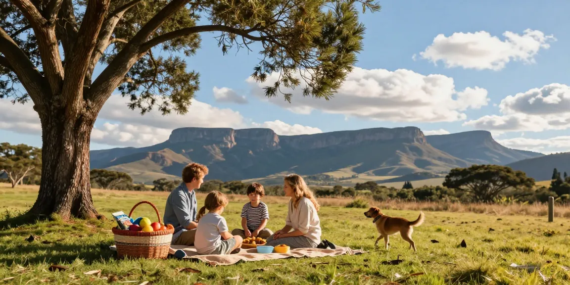 Family enjoying a picnic in scenic Magaliesberg Accommodation, showcasing beautiful landscapes and outdoor fun.