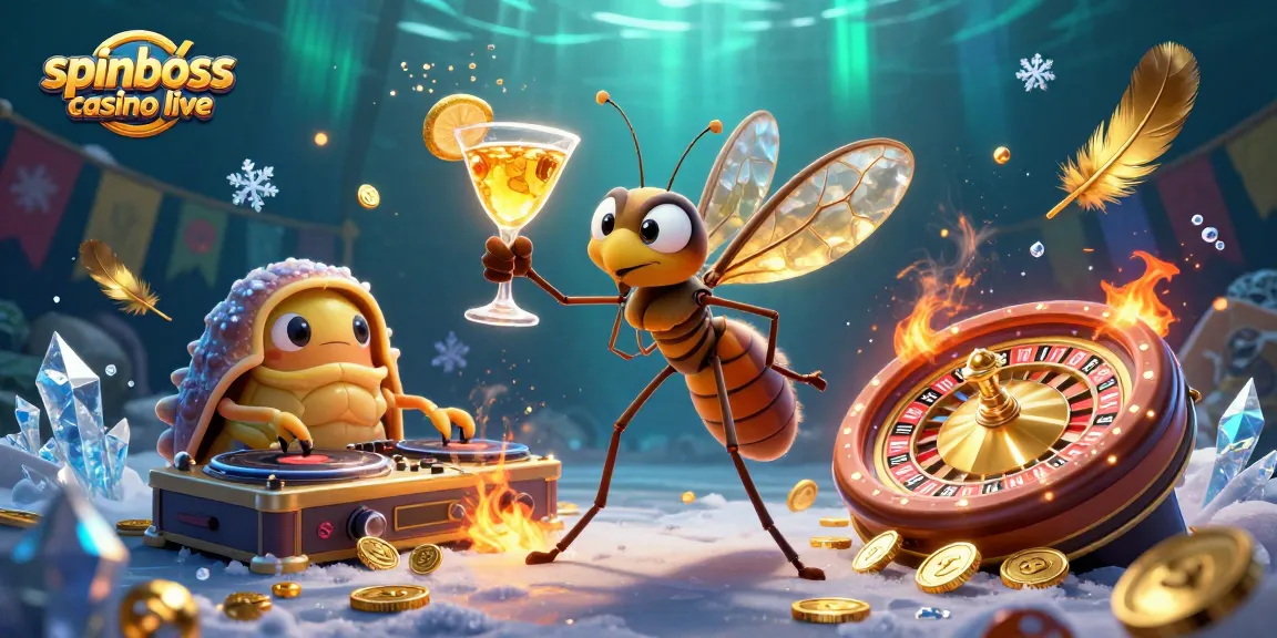 Profitez de spinboss casino live avec cette illustration d'un croupier en direct, un DJ et une roulette en or.