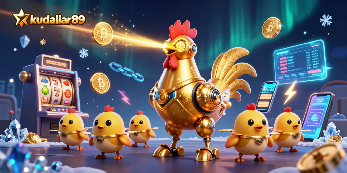 Play slots and win with kudaliar89, featuring an energetic scene with golden rooster robot and crypto themes.