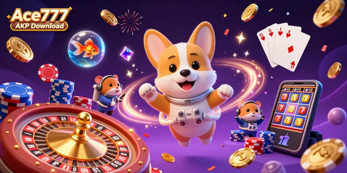 Experience fun and rewards with Ace777 APK Download in a vibrant casino-themed illustration.