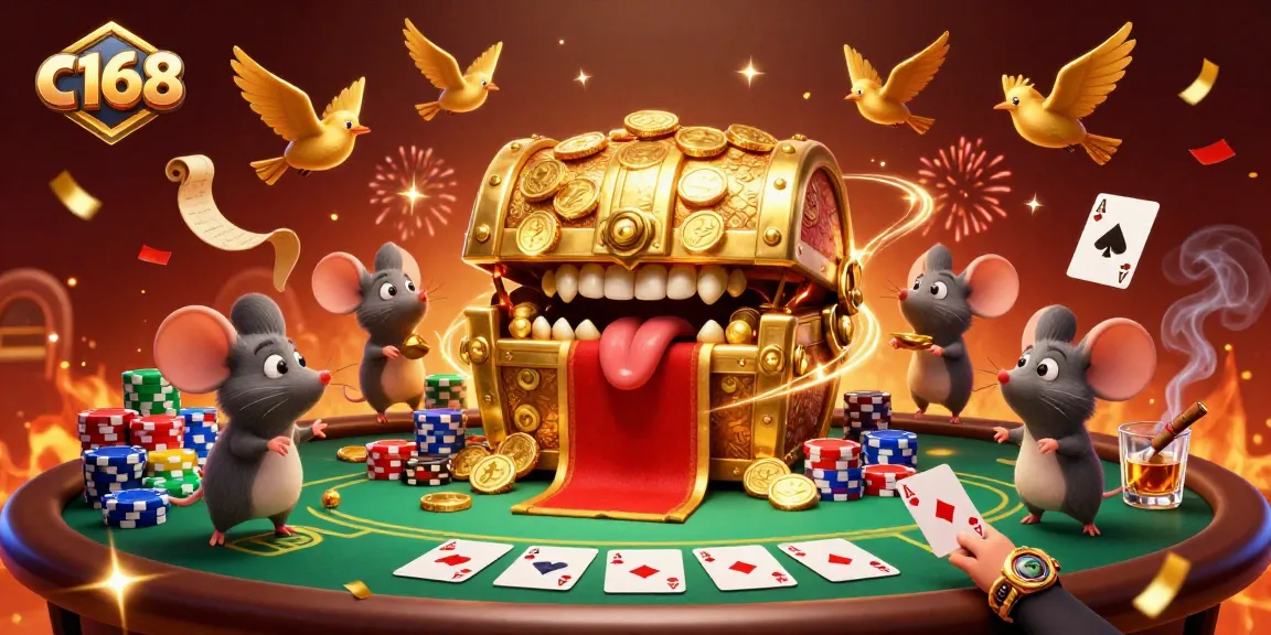 Experience thrilling gaming at c168 with a vibrant 3D illustration showcasing a treasure chest and poker excitement.