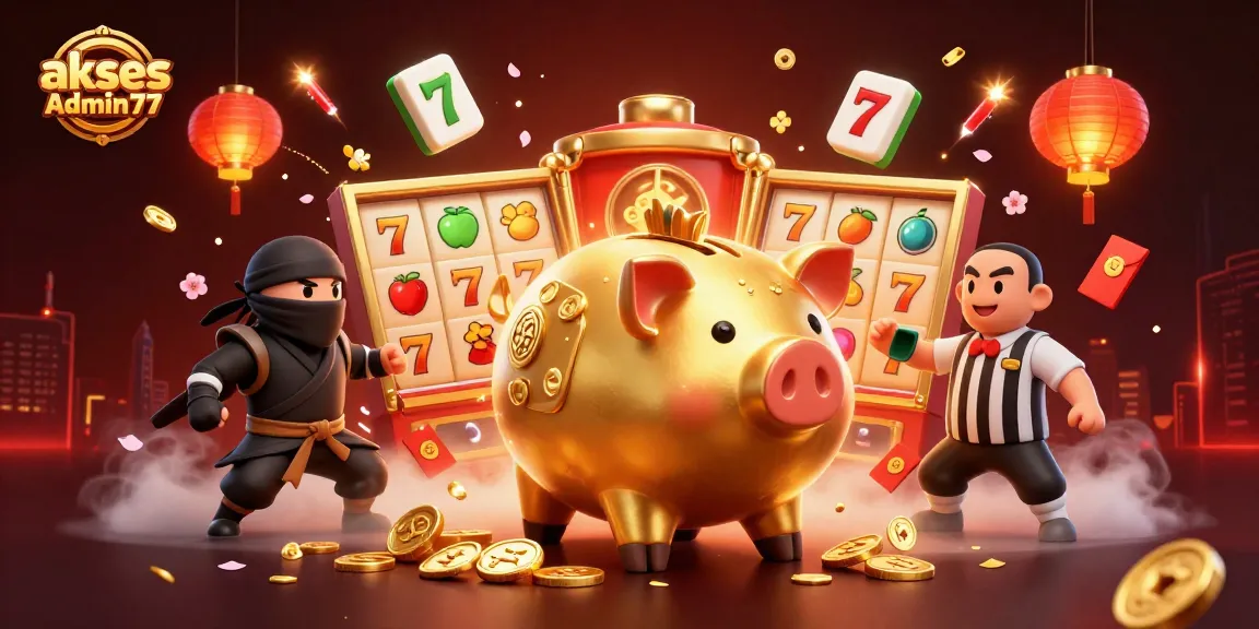 Engage with the dynamic online gaming experience at akses Admin77 featuring a golden piggy bank and colorful casino elements.