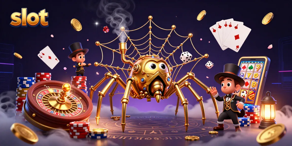 Experience thrilling slot action with a steampunk spider amidst dazzling casino elements.