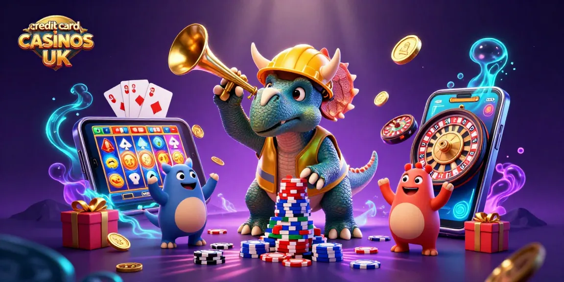 Experience the excitement of credit card casinos UK with vibrant slot games, poker chips, and lively cartoon dinosaurs.