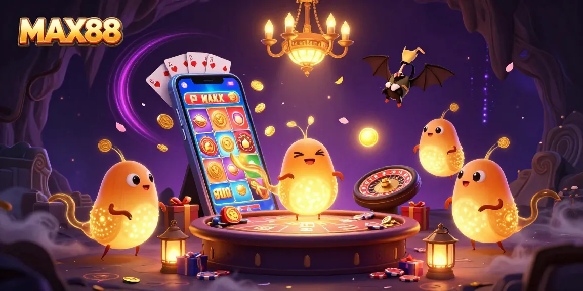 MAX88 brings excitement with glowworms lighting a vibrant cave casino scene full of games.