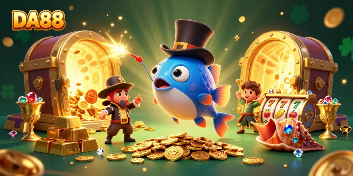 DA88 captures attention with glowing coins and deep-sea treasures in 3D digital illustration.