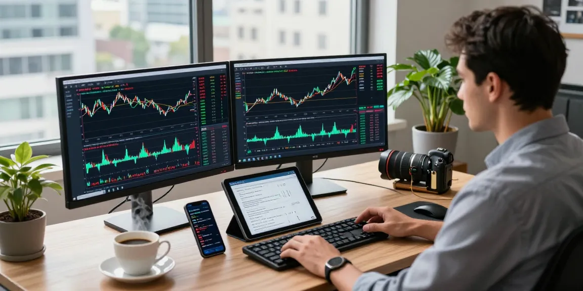 Dynamic trading environment featuring MetaTrader 5 interface, trader analyzing Forex charts at a sophisticated workstation.