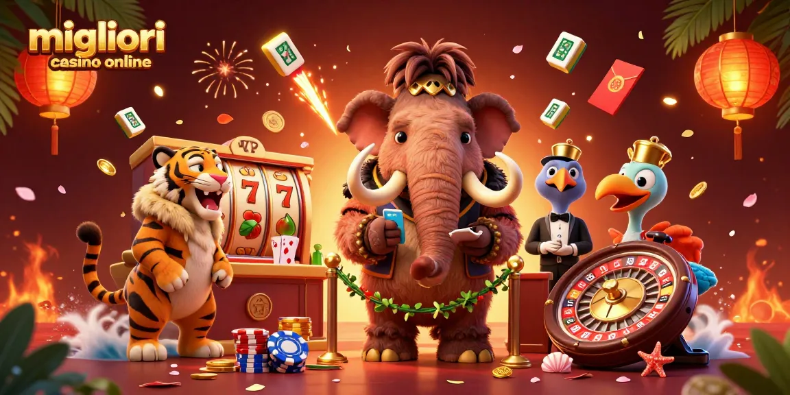Illustrazione di un mammut bouncer che controlla l'accesso ai migliori casino online con una tigre VIP e un dodo doorman.