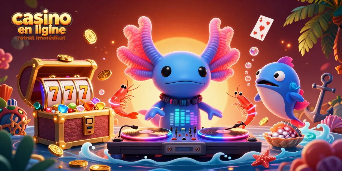 Casino en ligne retrait immédiat: illustration dynamique d'un DJ axolotl 3D en train de mixer avec des éléments de jeu sous-marins.