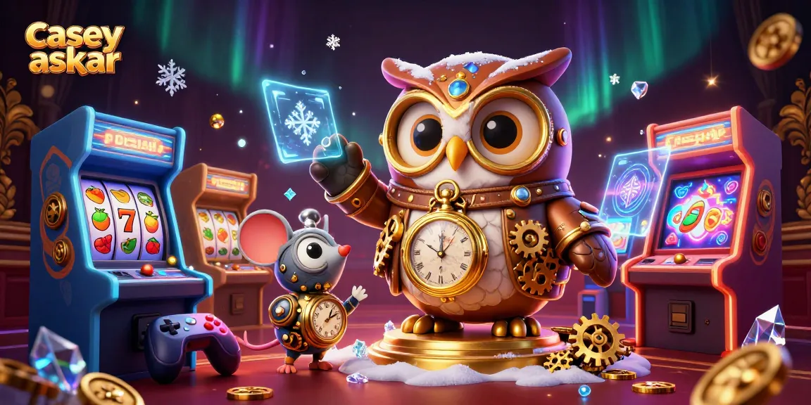 Engaging scene depicting the character 'casey askar' in a vibrant casino realm, featuring slot machines and steampunk elements.