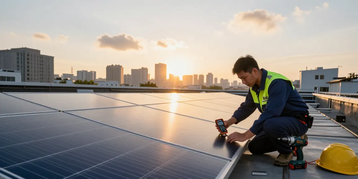 Technician installing panouri fotovoltaice on a rooftop at sunrise, demonstrating renewable energy solutions.