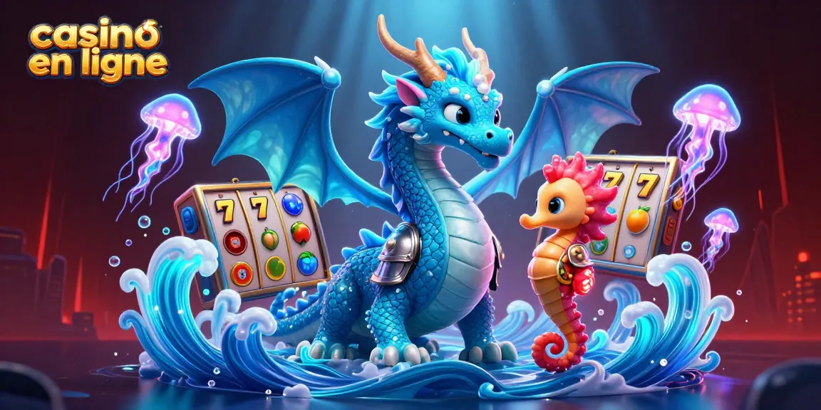 Jouez à un casino en ligne avec un dragon azur majestueux et un chevalier hippocampe, entourés de symboles de jeux.