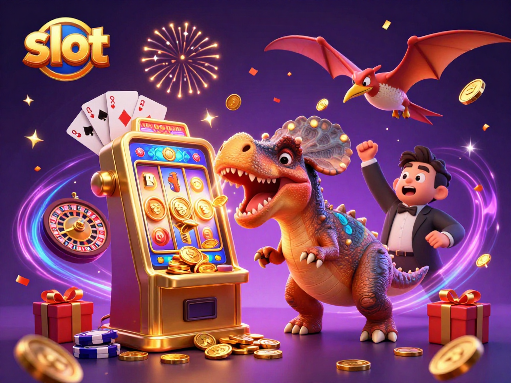 Menggenggam kemenangan slot, dinosaurus pachycephalosaurus memukul mesin slot emas saat koin jackpot melimpah.