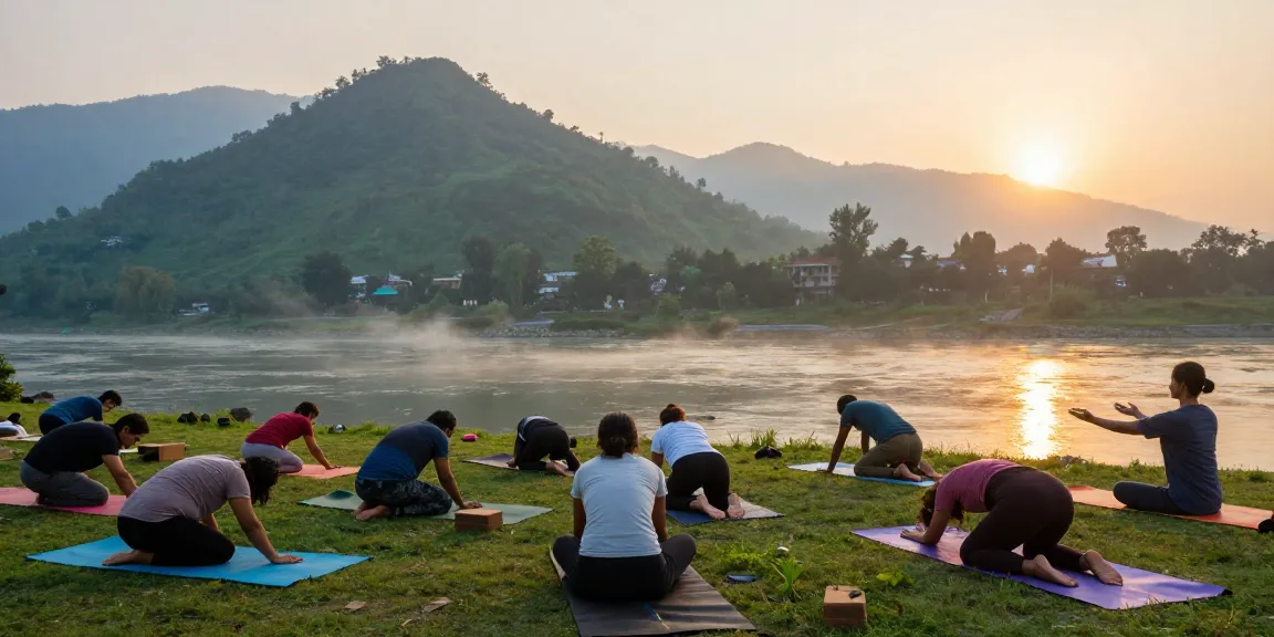 Best Yoga teacher training course in rishikesh with a diverse student group practicing yoga by the Ganges River at sunrise.