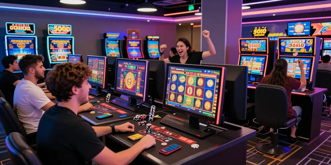 Celebrating wins at slot depo 5000 gaming lounge with vibrant screens and joyful players.