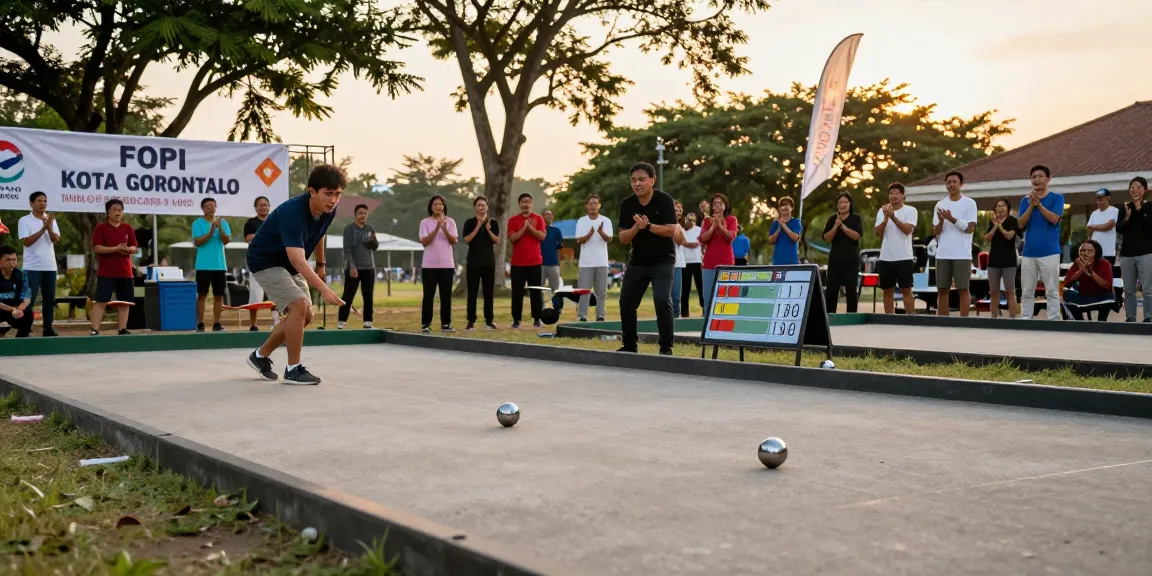 FOPI Kota Gorontalo dalam pertandingan petanque yang seru di sore hari dengan pemain antusias dan suasana yang ceria.