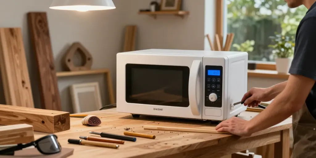 SHASHEL® microwave equipment effectively eliminating wood-boring insects in a workshop setting