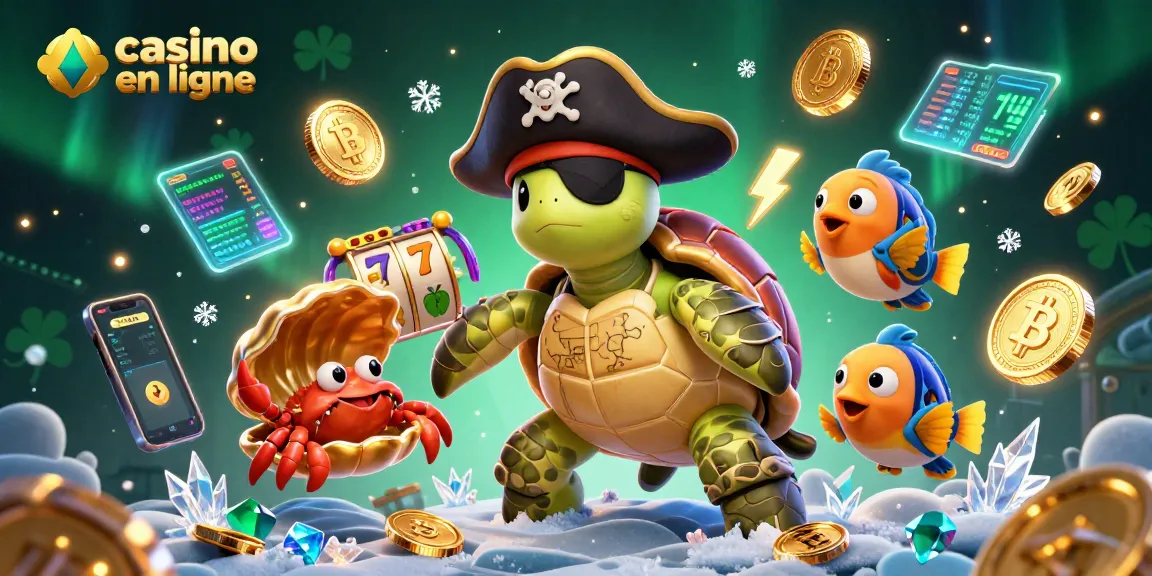 Les jeux de casino en ligne prennent vie avec une tortue pirate et des jetons scintillants.