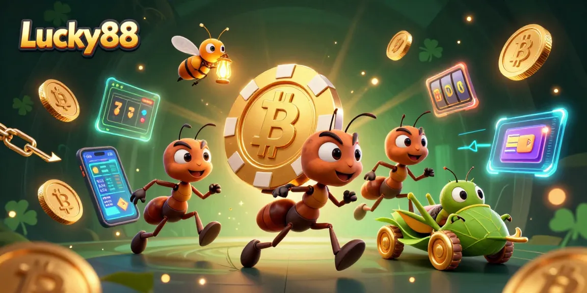 Join the Lucky88 ants in a heist with a golden poker chip amidst glowing crypto coins.