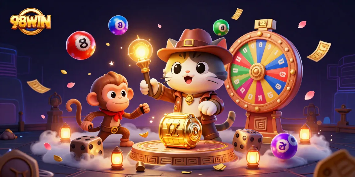 Experience top-tier gambling adventure at 98WIN with an archaeologist cat and dynamic casino elements.