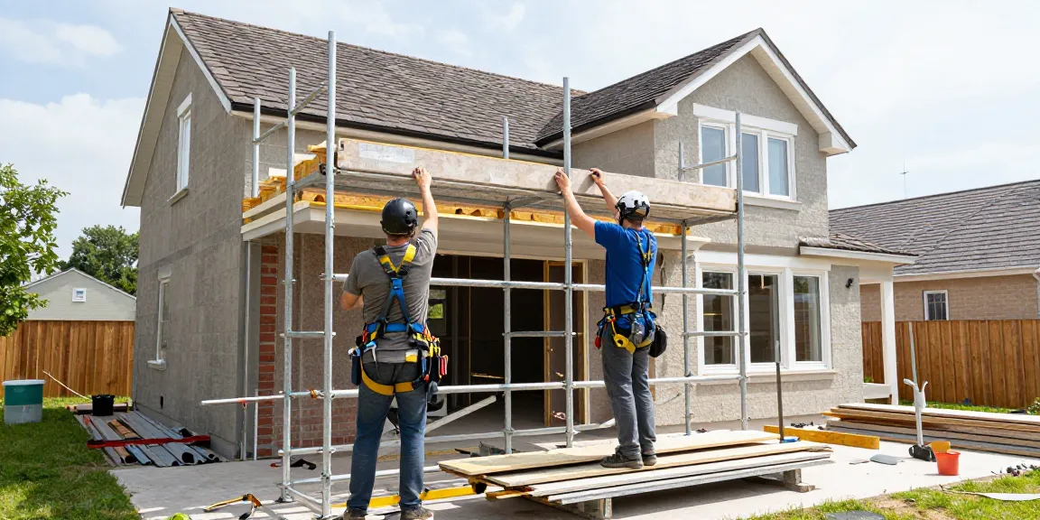 Home Extension Scaffolding Essex during a residential project with scaffolders working on a roof.