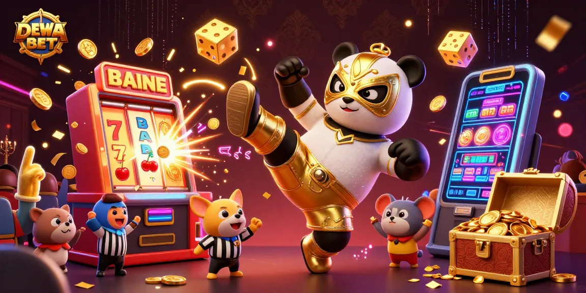 Experience thrilling DEWABET action with a flying panda wrestler, slot machines, and casino excitement.