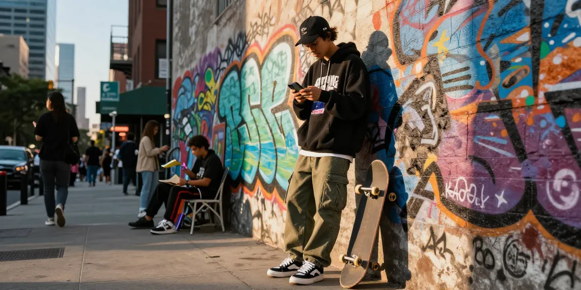 Person using the Kakobuy spreadsheet in stylish streetwear against urban graffiti.