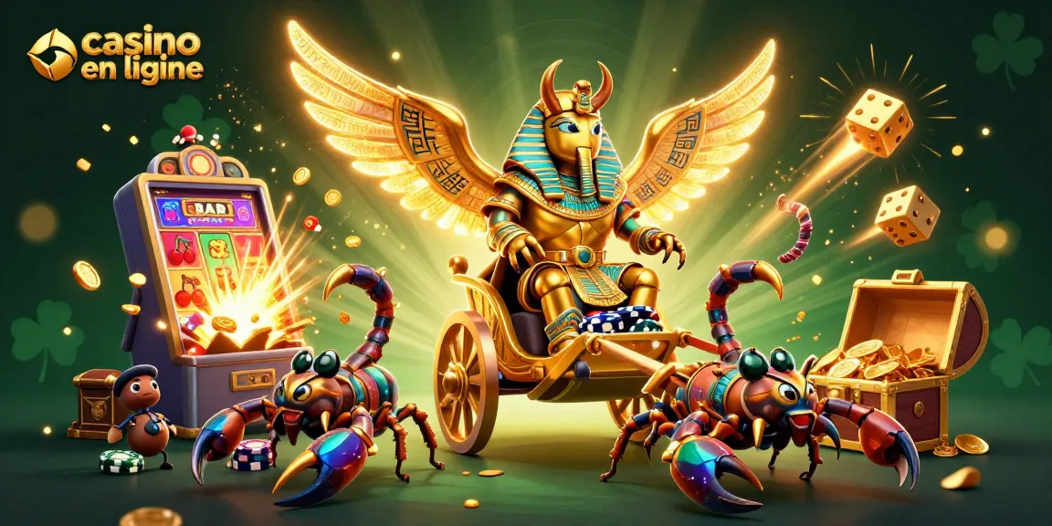 Jouez au casino en ligne avec ce superbe scarabée doré et des éléments de jeu captivants.