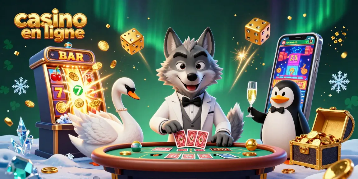 Plongez dans l'univers du casino en ligne avec un loup élégant, un cygne et un pingouin sommeliers.