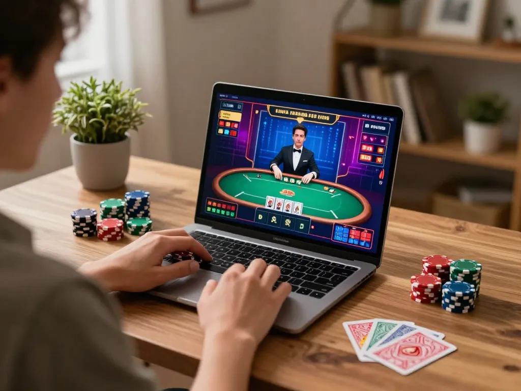 Player engaging in online poker at home using laptop, showcasing g28-t1 gaming experience.