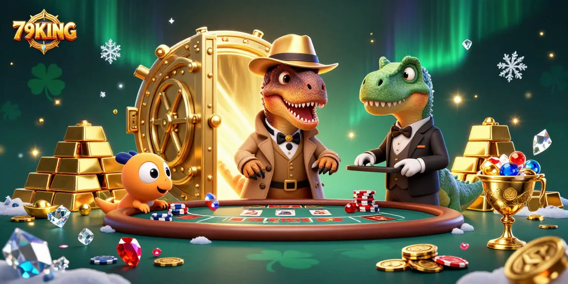 79KING gaming scene featuring a clever velociraptor card counter at a blackjack table amidst dynamic treasures.