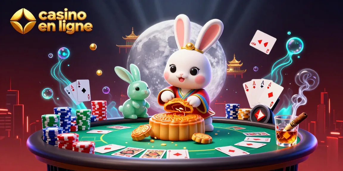 Jouer au casino en ligne avec des lapins de lune mythiques et des jetons de poker sur la lune.