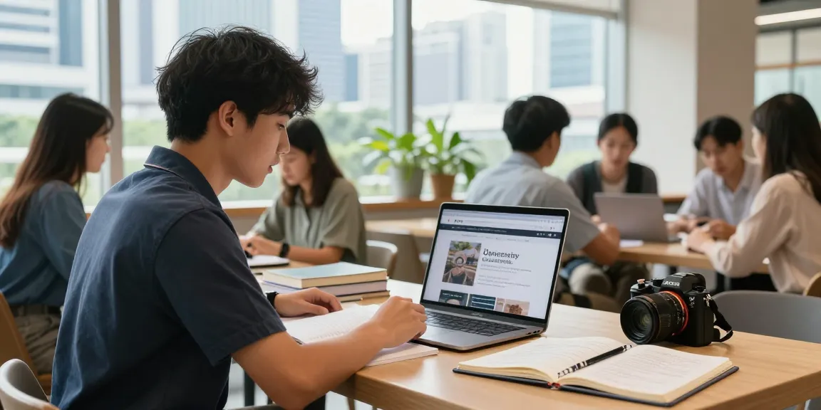 Học sinh du học Singapore đang học tập tại quán cà phê hiện đại với không gian sáng, bên cạnh sách vở và laptop.