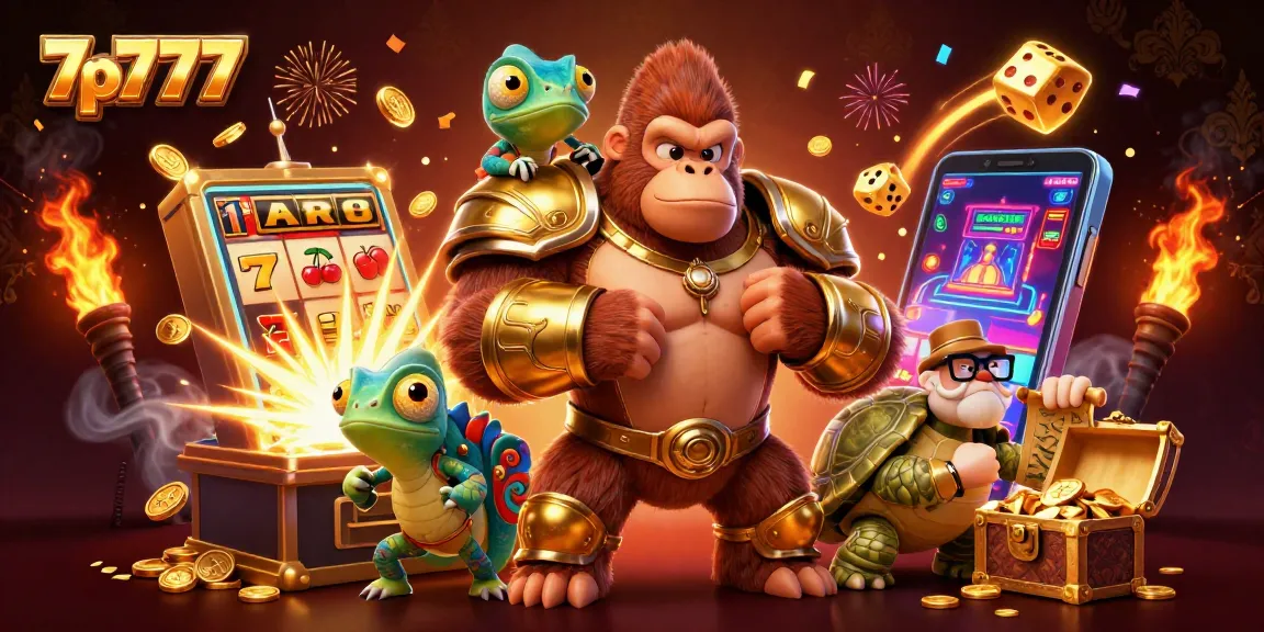 Experience excitement at 7p777 with a thrilling 3D casino scene showcasing vibrant games and characters