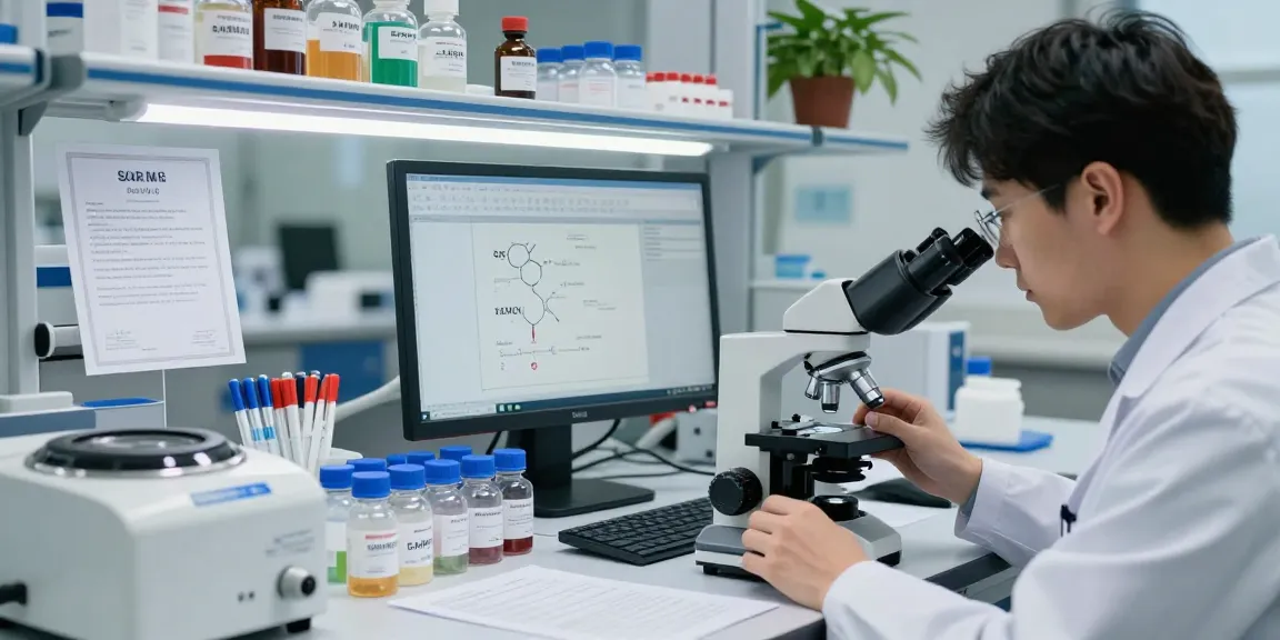 Researcher examining SwissChems peptides under microscope, showcasing lab equipment and certificates of authenticity.