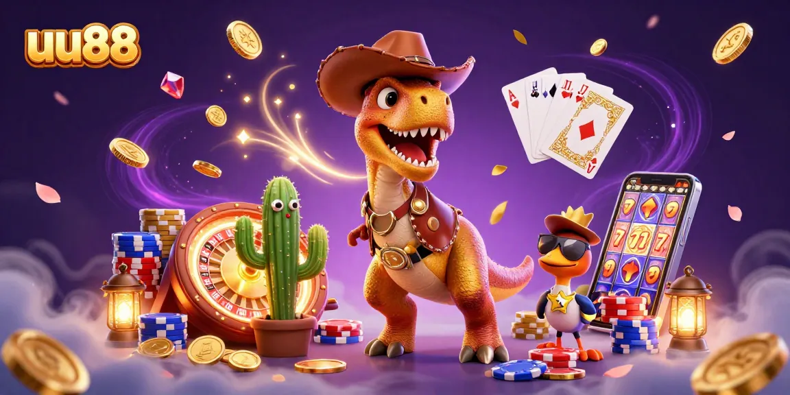uu88 casino excitement with a T-Rex dinosaur, sparkling gems, and golden coins swirling