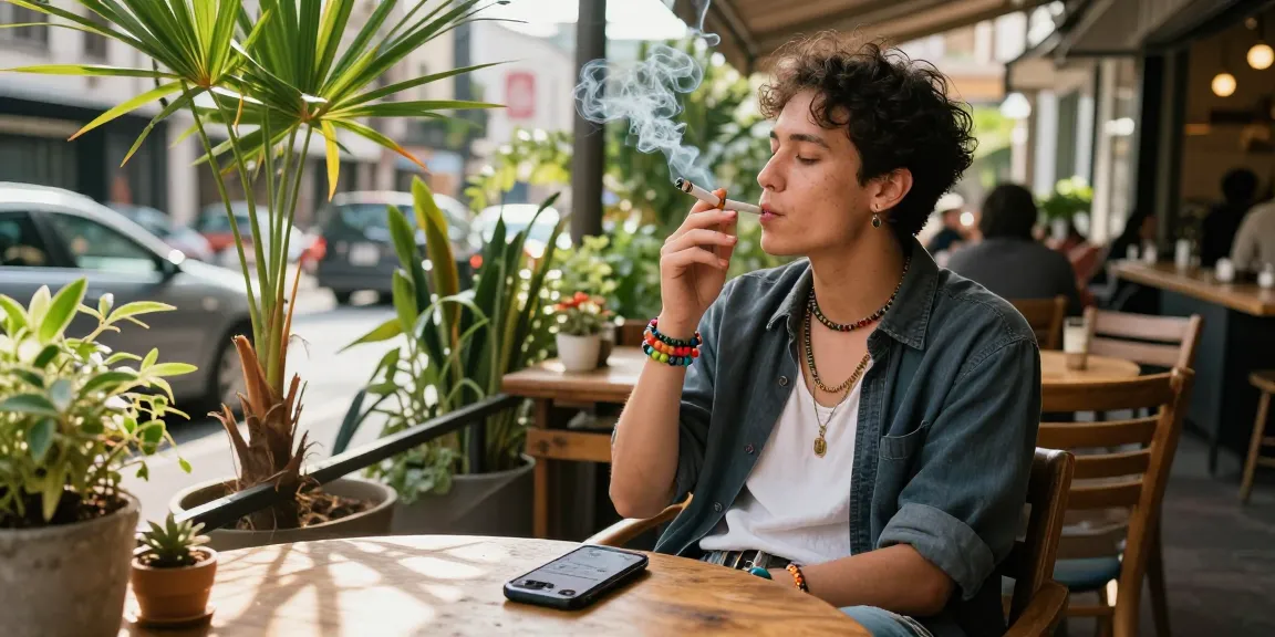 Individual enjoying a rokok88 cigarette at an outdoor café, reflecting modern lifestyle.
