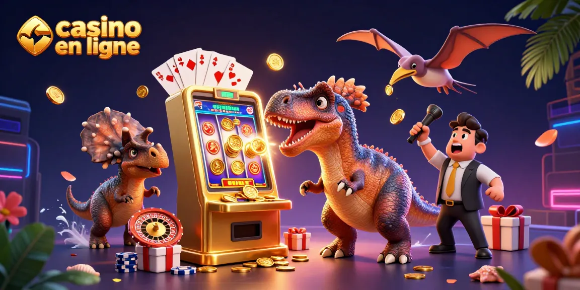 Illustration dynamique de casino en ligne avec des dinosaures et une machine à sous dorée