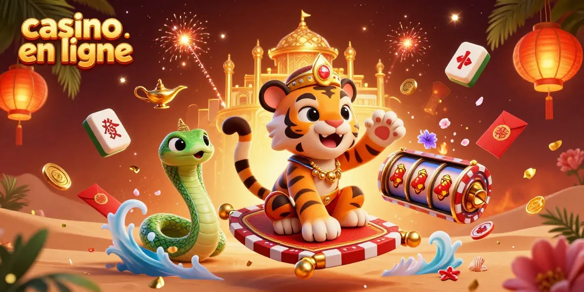 Jouez dans un casino en ligne captivant avec un sultan tigre sur un tapis volant rempli de jetons de poker.