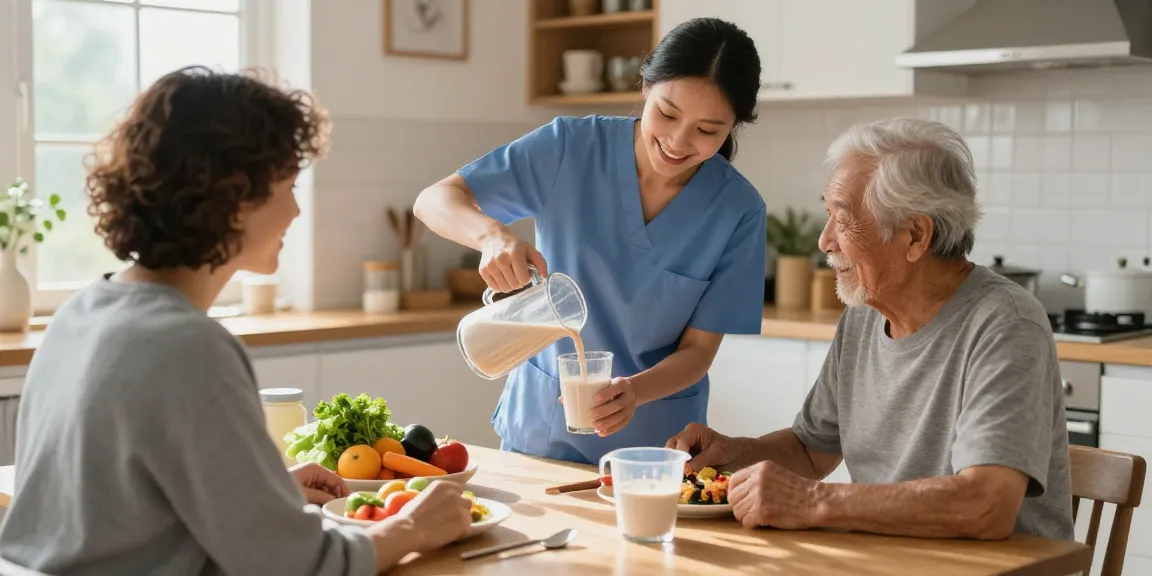Caregiver pouring Nepro HP nutritional shake for dialysis patient in bright kitchen.