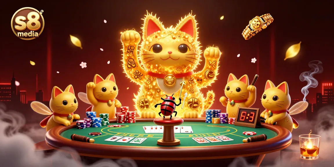 Experience the excitement of s8 media with a captivating golden lucky cat and poker elements in a vibrant casino scene.