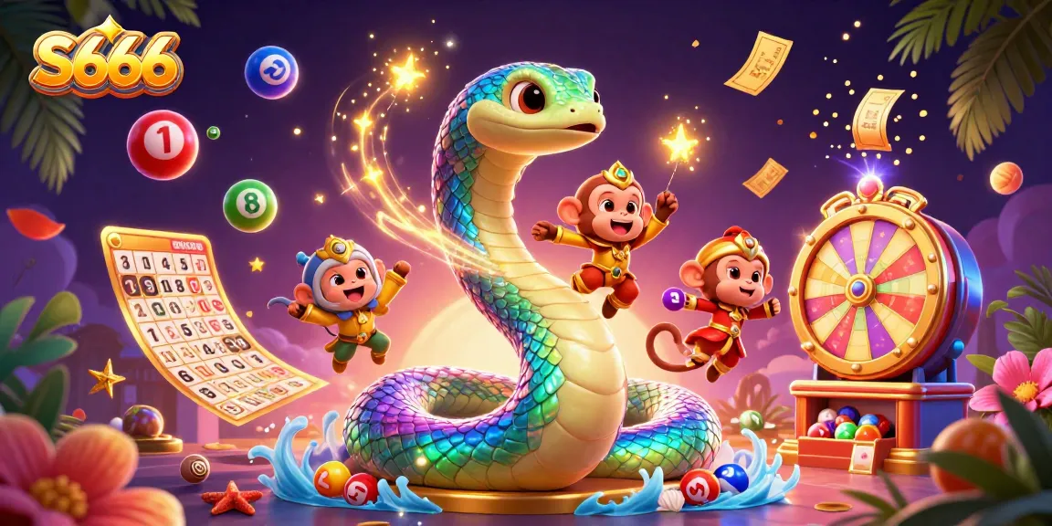 S666 engages players with a vibrant 3D scene featuring a rainbow serpent, a golden monkey king, and dynamic lottery elements.