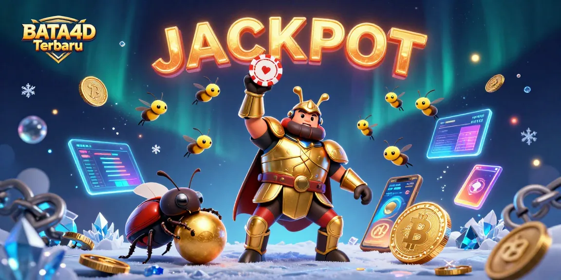 BATA4D Terbaru showcases a victorious hercules beetle celebrating a jackpot alongside crypto elements in a vibrant casino scene.